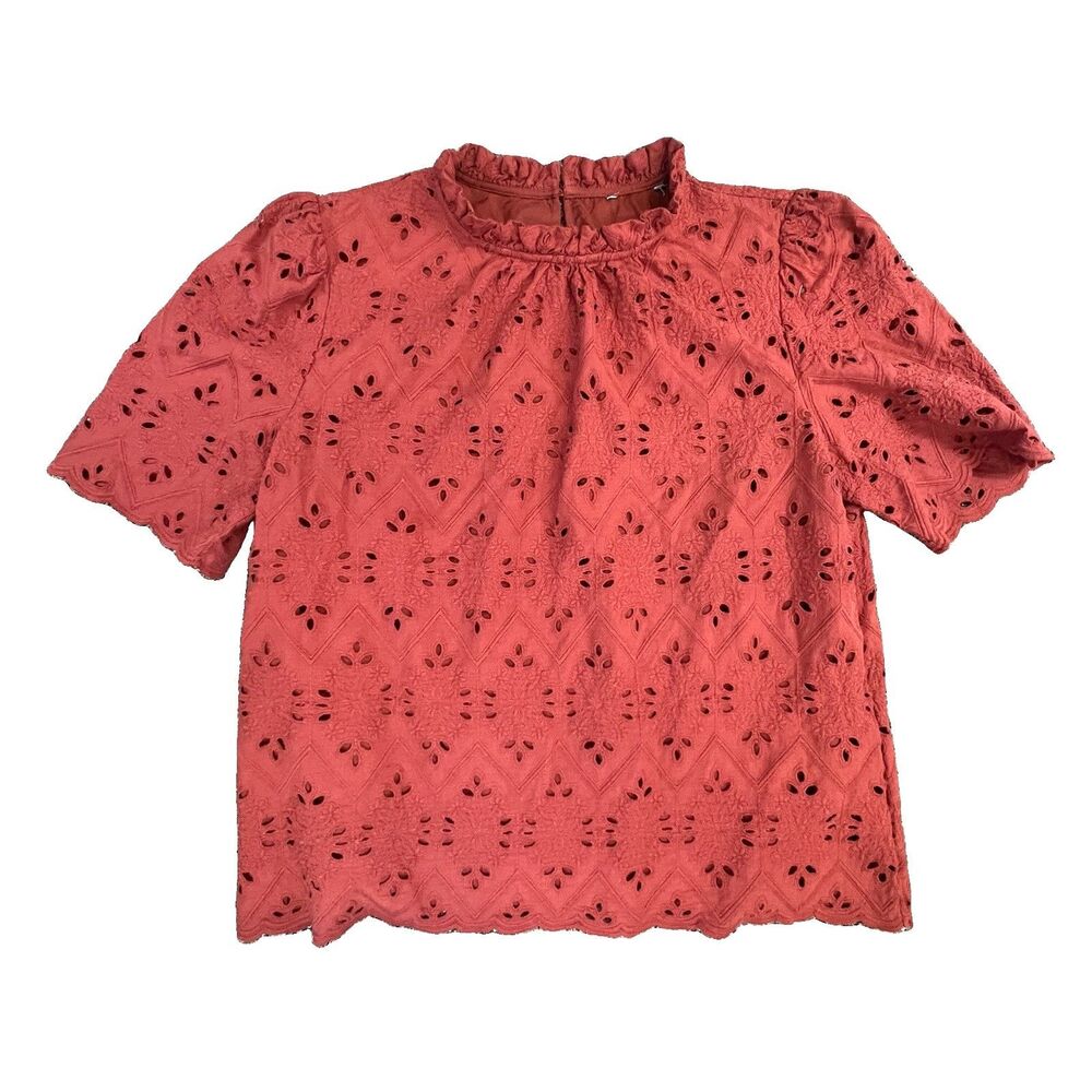 EYELET BLOUSE TERRACOTTA RED SZ LARGE SHORT SLEEVE RUFFLED MOCK NECKLINE